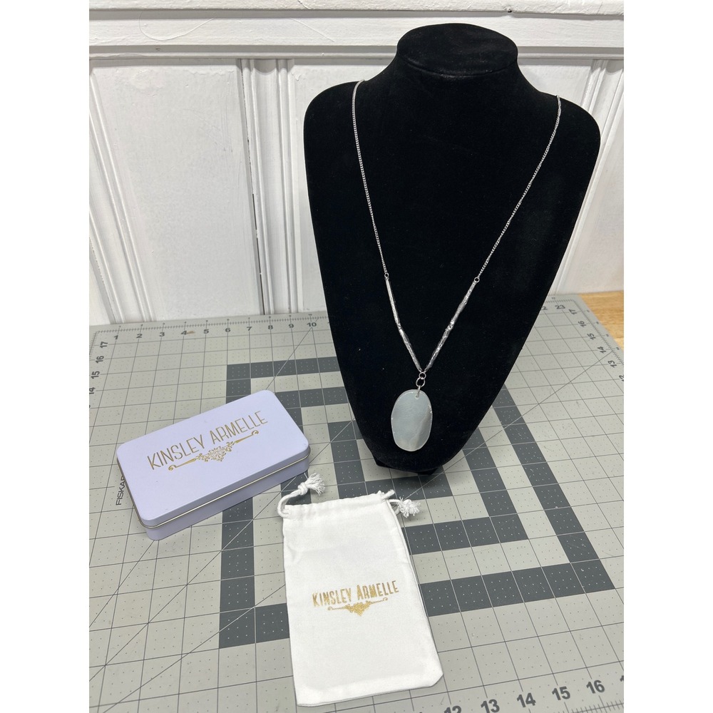 Kinsley Armelle Necklace White Silver Long Stone Agate Pendant Boho Dust Bag NIB